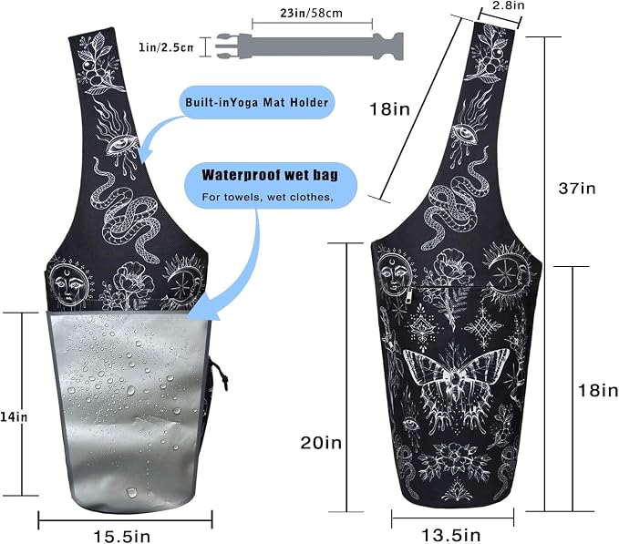 Yoga Mat Bag - Large Opening Long Tote Yoga Mat Carrier Holder Bag with Waterproof Wet Zipper Pocket and Drawstring Water Bottle Pocket - Yoga Bag Fit Most Size Mats