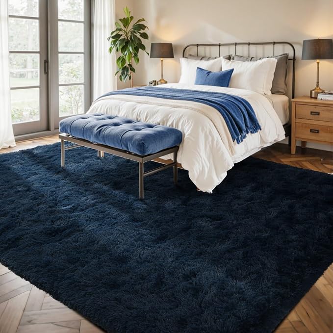 8x10 Area Rugs for Living Room Fluffy Blue,Plush Soft Navy Blue Shag Carpet for Living Room Boys Book Room Nursery Kids Playroom Dorm Decor