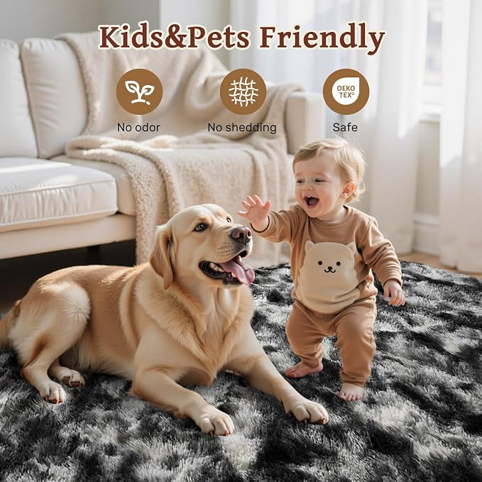 5x7 Area Rugs for Living Room, Black Plush Fluffy Shaggy Bedroom Rugs Non-Slip, Ultra Soft Carpet for Nursery Kids PlayRoom Dorm Office Indoor
