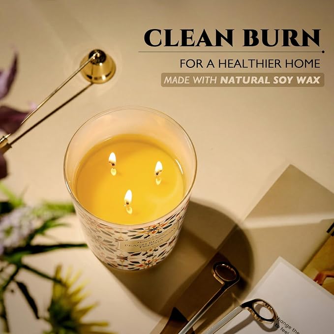 HomeLights 3-Wick Candles for Home Scented - 34oz Soy Wax Blend Candle Long-Lasting Fragrance, Bohemian Natural Textures Home Decor and Housewarming Gifts, Peach Blossom Freesia