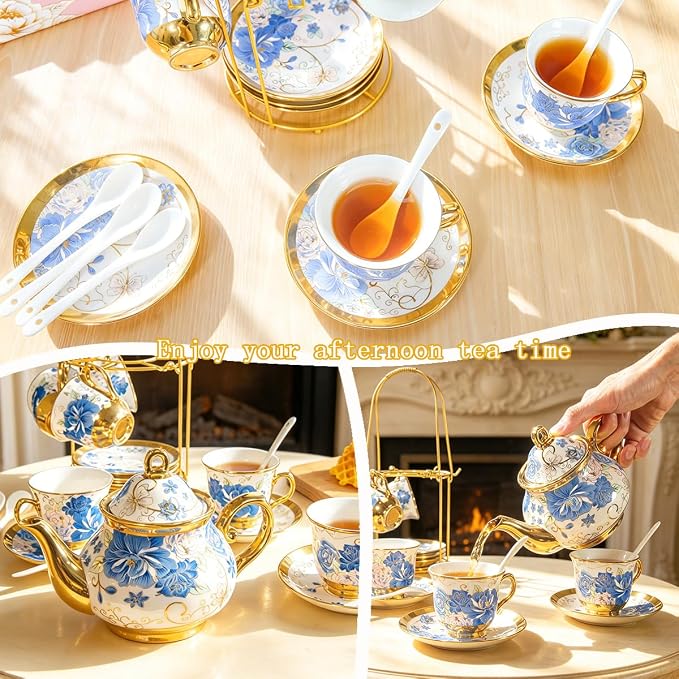 CHANJOON Gold Plated Red Rose Ceramic Tea Set, Vintage Tea Sets with Teapot, Beautiful Tea Set Coffee Serving 6 People (Blue Rose, large)