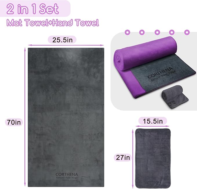 Hot Yoga Mat Towel Set – Non-Slip 600GSM Thickened Microfiber Yoga Mat Cover (70"x25.5") + Hand Towel – Super Absorbent, Skidless Sweat Towel for Hot Pilates, Bikram & Fitness, Dark Purple