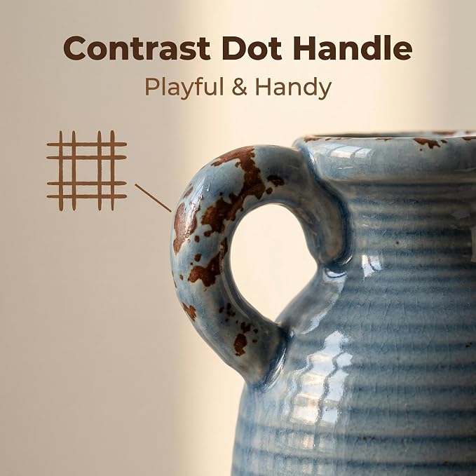 Ceramic Vase Set of 3 with Handles, Blue Neutral Rustic Modern Farmhouse Boho Decor, Versatile as Table Centerpiece or Mantel & Shelf Accent - Unique Home Gift Idea