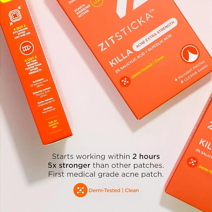 ZitSticka Extra Strength Killa Acne Microdart Patches for Face - OTC Acne Treatment with 2% Salicylic Acid - Fast Acting Microdarts for Deep, Early-Stage Zits & Blemish - 4 Count