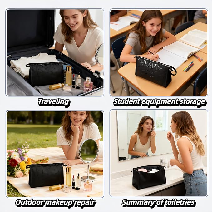 Btolin Geometric Pattern Cosmetic Storage Bag Leather Period Pouch for Women & Teens - Waterproof Small Makeup Bag | Portable Menstrual Pad/Tampon Holder | Black Travel Organizer