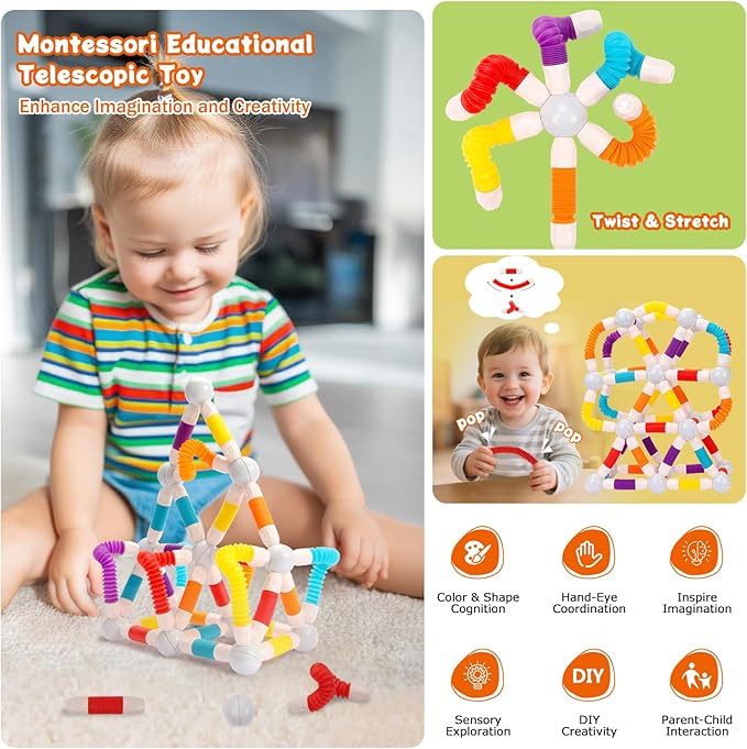 Extendable Magnetic Toy Montessori Toys for Kids Toddlers STEM Education Building Blocks 45PCS Extendable Building Block Set Birthday for Boys & Girls