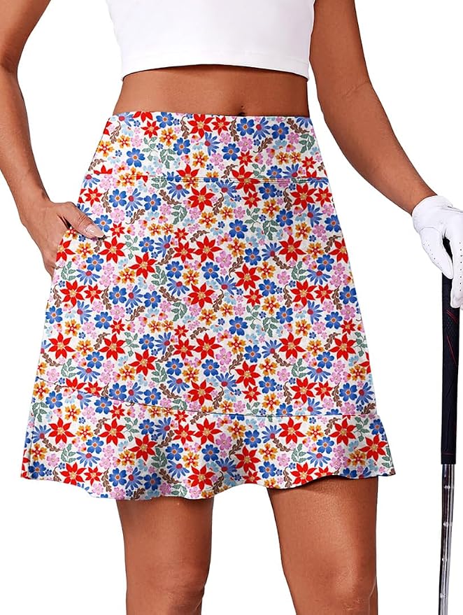 PINSPARK 18" Golf Skorts for Women with 6 Pockets Ruffle Athletic Skort | Above the Knee,High Waist,UPF 50+,4-way Stretch,Lightweight,Ruffle Hem,Tennis,Casual,Work,Pickleball