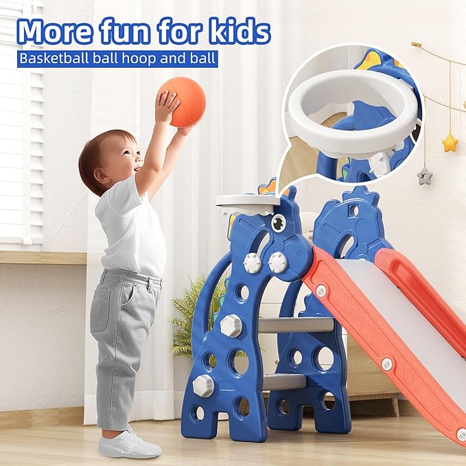 GLAF Toddler Slide Indoor for Toddlers 1-3 Baby Slide Outdoor Playset with Basketball Hoop and Ball Plastic Foldable Slides for Kids Backyard Climber Set (Blue)
