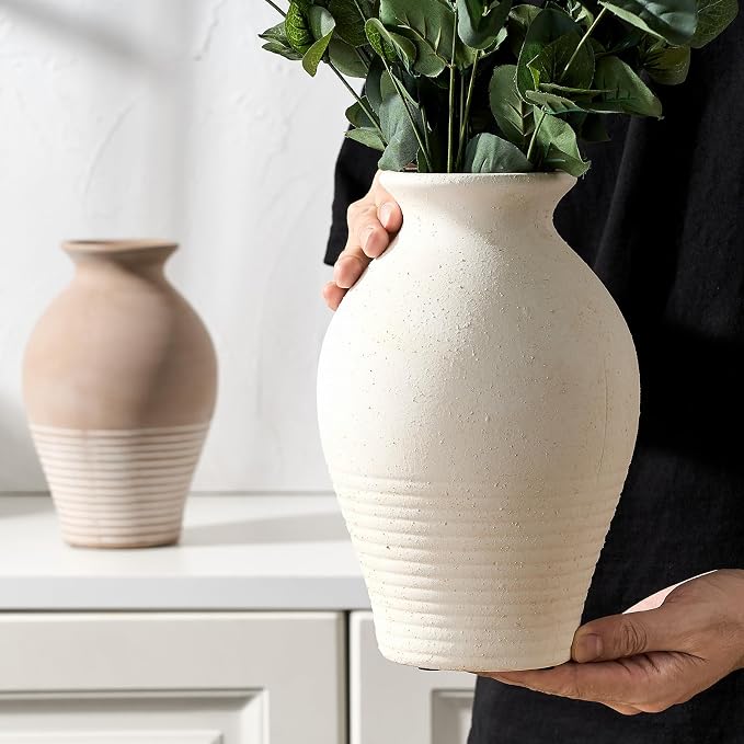 Ceramic Rustic Farmhouse Vase, 9.2 inch Whitewashed Terracotta Vase | Ceramic Vintage Flower Vases,Table Decorative Vases for Home Decor Table Living Room Shelf Mantel Decoration(Off-White)