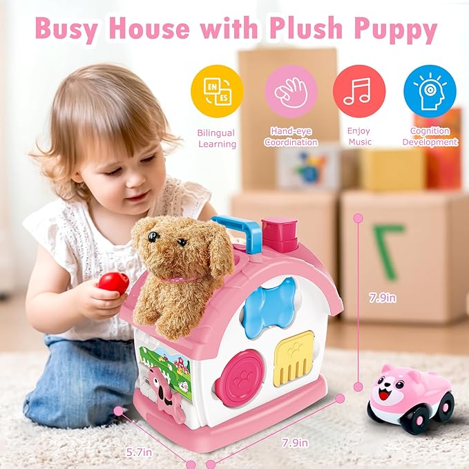 Montessori Toys for 1 2 3 Year Old Girl Gifts, Musical Toy House with Stuffed Puppy, Car, Baby Toys 12-18 Month, Learning Educational Toy for Toddler 1-3, First Birthday Gifts for Girls (Pink)