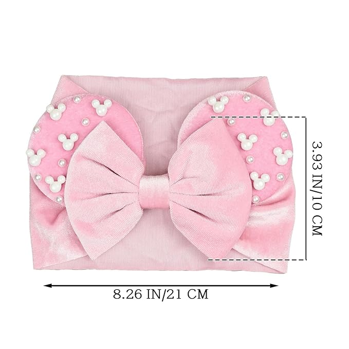 JIAHANG Baby Girl Pink Velvet Mouse Ears Turban Headband with Pearls, Beaded Velvet Hair Bow Hairband for Infants Toddlers Kids