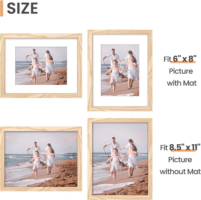 upsimples 8.5 By 11 Picture Frame, Display Pictures 6x8 with Mat or 8.5 x 11 Without, Wall Hanging Photo Frames, Natural Style, 1 Pack