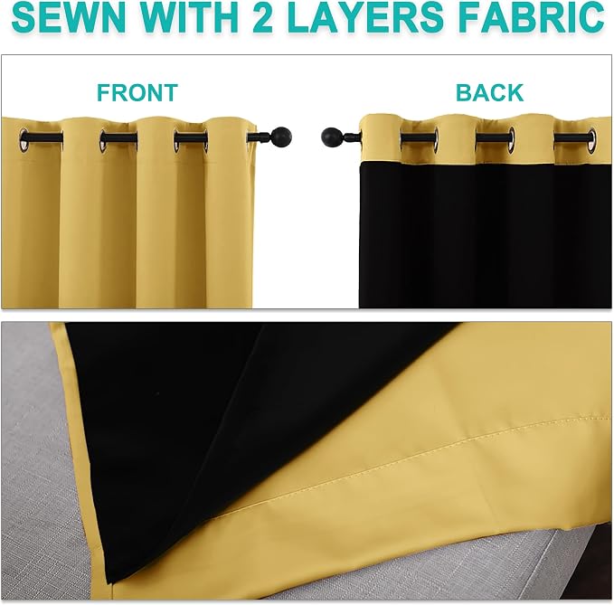 NICETOWN 100% Blackout Short Curtains with Black Liners, 2 Panels, 37" W by 60" L, Bright Yellow, Thermal Insulated Full Blackout 2-Layer Lined Drapes, Energy Efficiency Window Draperies for Bedroom