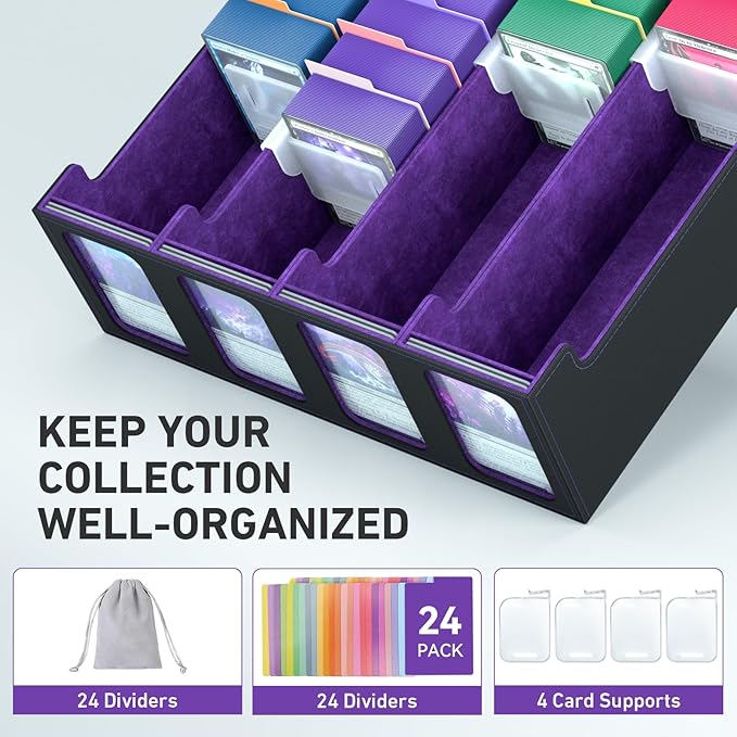 4-Row Trading Card Storage Box, Bulk Cards Case for 3200+ Mtg tcg Magic Playing Game Card Organizer, Commander Deck Box with 4 Supports & 24 Dividers & Strap