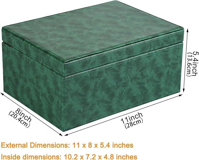HofferRuffer Faux Leather Decorative Box, Large Wooden Structure Keepsake Box Accessory Organizer Jewelry Organizer with Hinged Lid, Storage Container for Home or Office (Dark Green)