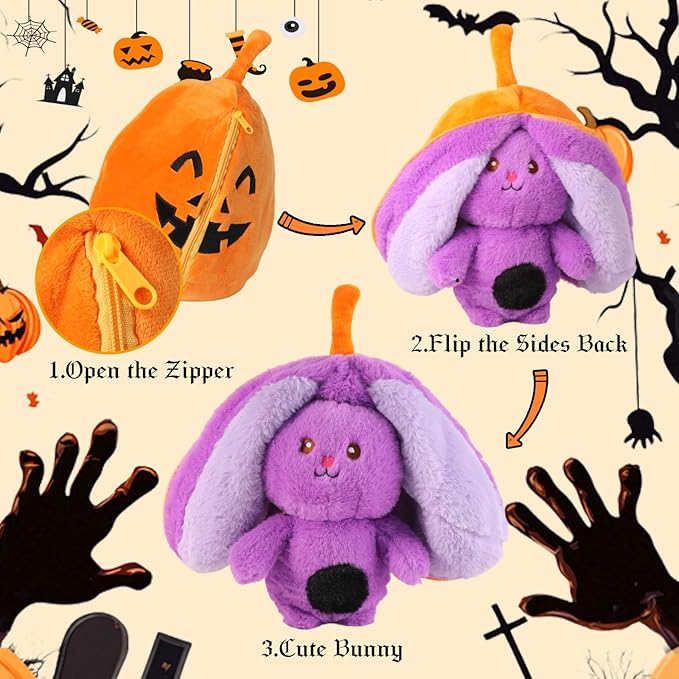 Halloween Reversible Plush Toy - Cute Pumpkin to Bunny Stuffed Animal, Zipper Transformation, Soft for Kids, Girls, Boys, Girlfriends (Pumpkin Bunny)