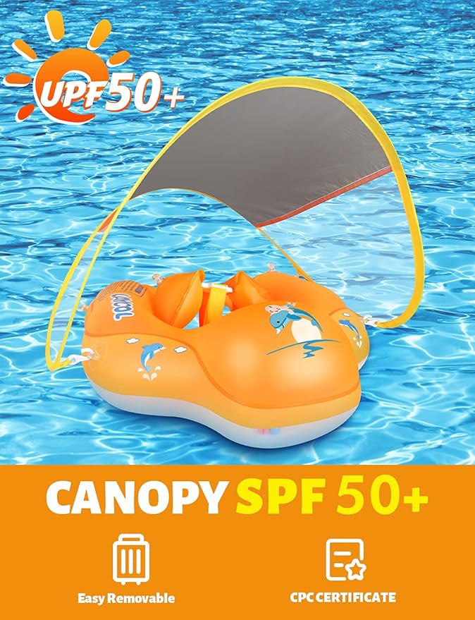LAYCOL Baby Swimming Float Inflatable Baby Pool Float Ring with Sun Protection Canopy,add Tail no flip Over for Age of 3-36 Months