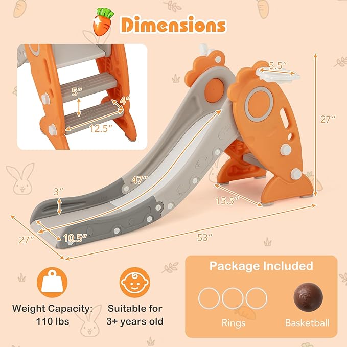BABY JOY Toddler Slide for Kids, 4 in 1 Indoor Foldable Kids Slide w/Climber, Basketball Hoop & Ring Toss, Folding Climber Playset Baby Freestanding Playground