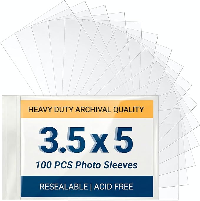 3.5x5 Archival Photo Sleeves, 2.7 Mil Extra Thick, Heavy Duty Self-Adhesive Protectors for Pictures & Postcards, Crystal Clear Dust & Bend Protection, Acid-Free Storage, 100 Count