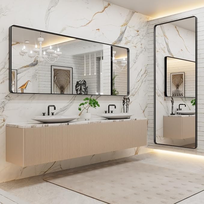 LOAAO 84x32 Inch Black Bathroom Mirror Metal Framed | Matte Black Bathroom Vanity Mirror, Rounded Rectangle, Anti-Rust, Tempered Glass, Hangs Horizontally or Vertically