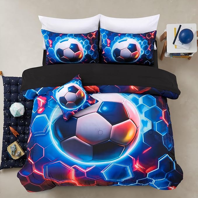 A Nice Night Twin Size Bed in A Bag 6 Pieces Football Comforter Set for Boys Girls Kids Geometric Lightweight Microfiber Bedding Sets,RedBlue
