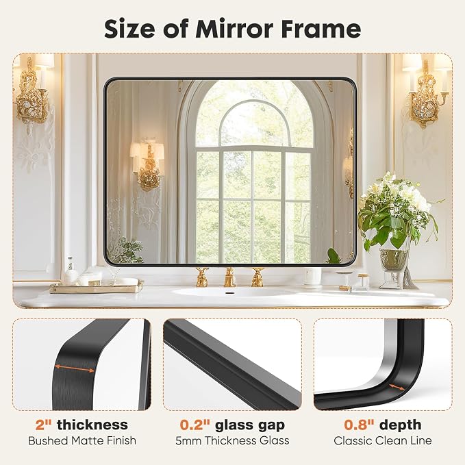 Sweetcrispy Bathroom Mirror 36x24 Inch Black Metal Framed Rounded Rectangle Vanity Mirrors for Wall, Over Sink, Farmhouse, Restroom, Anti-Rust, Modern Decorative, Horizontal or Vertical Hanging
