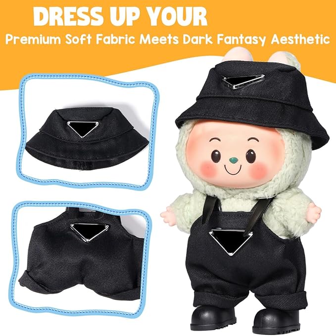 AICase for 17cm Doll Clothes/Outfit,Clothes Set for 17cm Doll,2 Piece Set Hat Clothing,Boys and Girls Stylish Adorable Dolls Clothes Accessories_Black