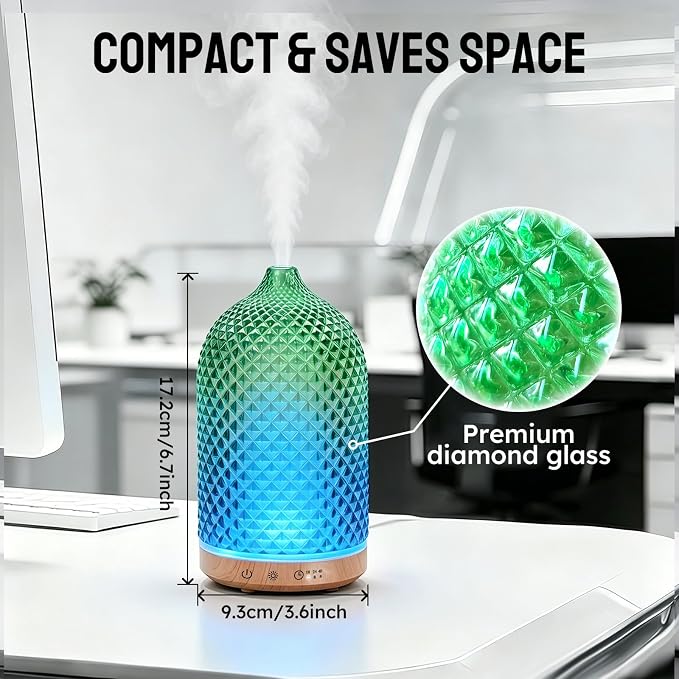 Essential Oil Diffuser, 3D Diamond Glass Aromatherapy Diffuser with Ultrasonic Cool Mist, 7 Color LED Lights, 1/2/4H Timer, Quiet Auto Shut-Off Oil Diffuser for Bedroom, Home, Office (Green)