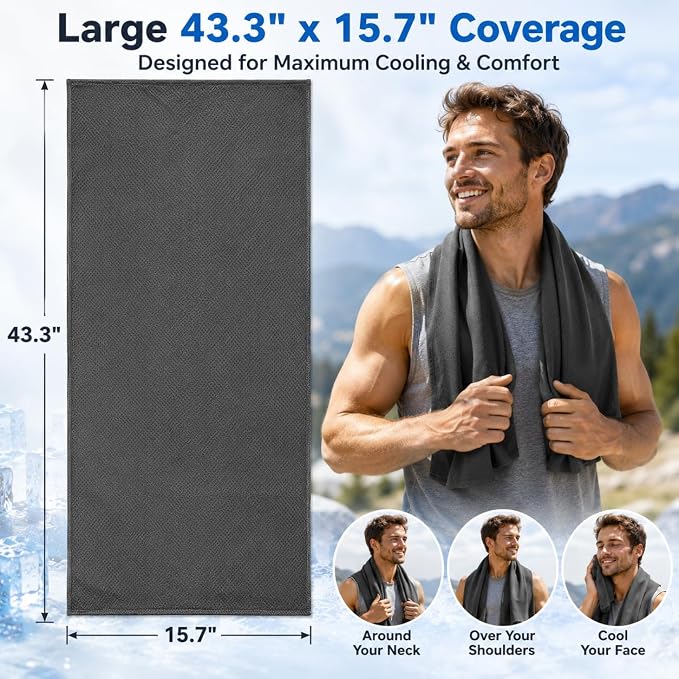 Cooling Towel 43.3" x 15.7" - Ice Sweat Towel for Neck & Face - Quick Cool Down Wrap for Summer Heat, Gym, Running, Golf, Yoga & Sports