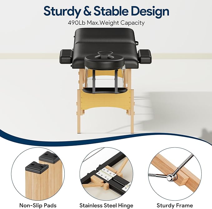 Brelley Massage Table Portable Wooden Lash Bed Adjustable Height 2-Fold Spa Table Foldable Tattoo Bed (Black)