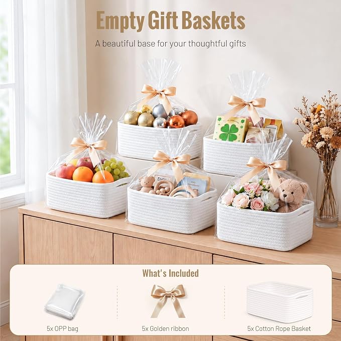 5 Pack Small Woven Storage Baskets for Shelves, Gift Baskets Empty | 11.8"x7.9"x4.7", Decorative Cotton Rope Baskets Organizer, Cute Storage Bins for Organizing Bathroom, Closet, Nursery, White