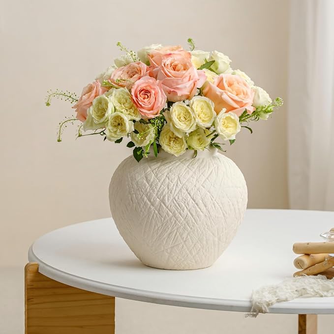 7.5in Round Ceramic Flower Vase, Modern Decorative Textured Vase Home Decor | Unique Rustic Farmhouse Terracotta Vases for Bedroom Living Room Table Centerpieces Shelf Cabinet Wedding Decorations