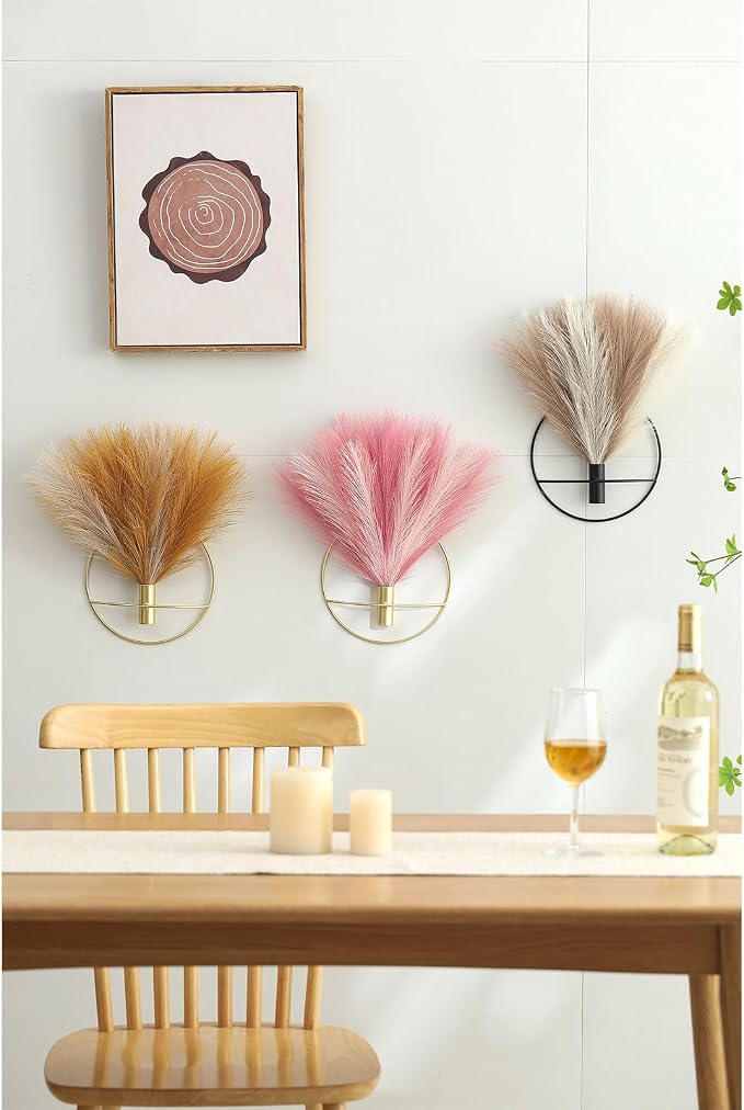 Pretty Jolly Boho Pampas Wall Decor Gold Metal Wall-Mounted Art | Morden Artificial Greenery Display，2 Pack Hanging Planter For Living Room, Bedroom, Bathroom, Dining room