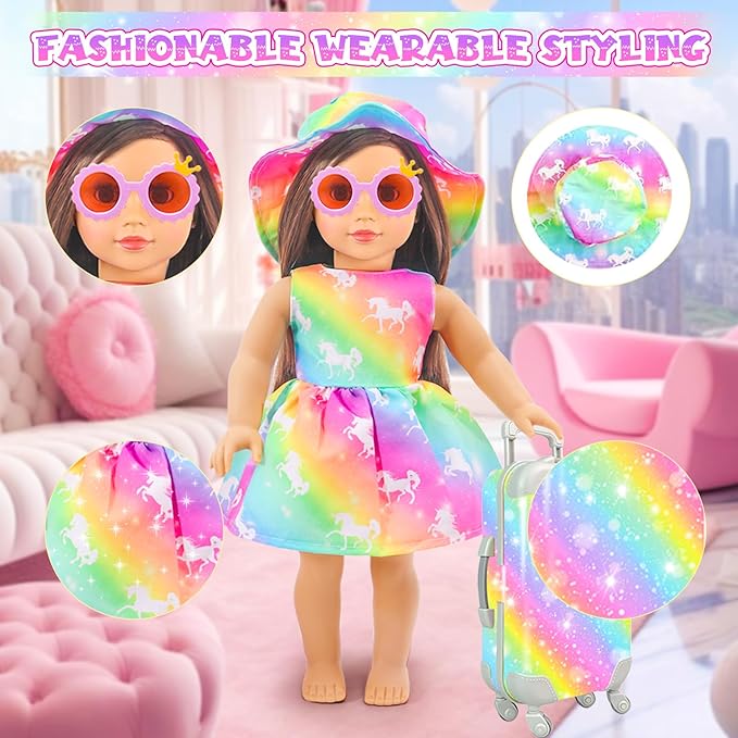 HAPGFS American 18 Inch Doll Accessories Travel Set Brilliant Colors Including Suitcase Luggage and Dress with Hat, Camera, Makeup Sets Dolls Travel Gear Play Set Gift for Birthday (NO Doll)