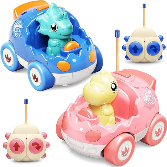 2 Pack Pink Dinosaur Remote Control Car Toys, Valentine's Day Birthday Gifts for Boys Girls 2 3 4 Years Old, Dino RC Car with Music and Light, Toddlers Toys for Kids 2-4 Year Old,(Pink Blue)