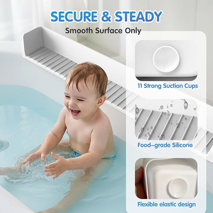 FOCHIER F Bathtub Splash Guard with Strong Suction Cups,2.7-FT Tub Splash Guard for Storage Toys,No Mess for Bath Time,Soft Silicone Tub Splash Guards, 1Pack,Gray