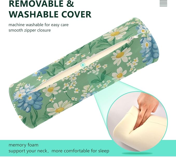 Mint Green Bluebonnet and Daisy Flowers Neck Roll Pillow Bolster Round Health Memory Foam Long Cervical Cylinder Pillows with Removable Washable Cover for Body Bed Legs Back Yoga