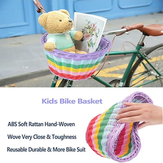 Kid's Bicycle Basket,Colored Tassels Wicker Front Handlebar Bike Basket Handlebar with Streamers Bell and Stickers,Bicycle Decoration for Girls and Boys