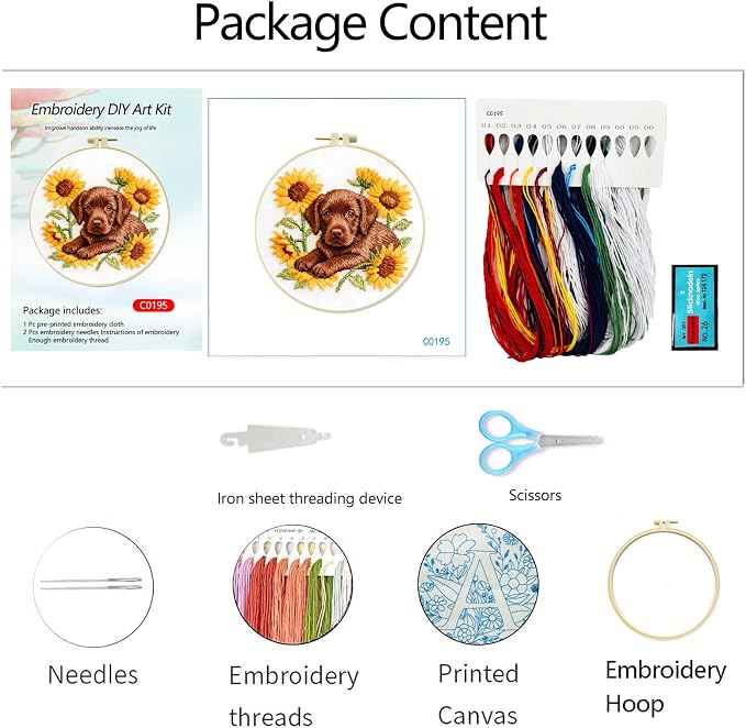 Embroidery Kit for Beginners Adults Labrador 11.4 * 11.4inch Stamped Cross Stitch Kits Needlepoint Starter Set with Embroidery Hoop, Color Threads, Needles and Instructions, Stitches Kit