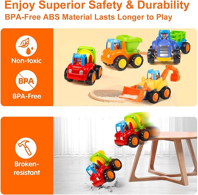 Push and Go Friction Powered Cars Construction Vehicles Toy Set Tractor Bulldozer Mixer Truck Dumper for 1 2 3 Year Old Baby Toddlers Boys Gifts