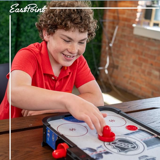 EastPoint Tabletop Air Hockey Table Pro - Black & White - LED Scoreboard for Hockey Game - Includes Pucks & Pushers for Table Games for Kids - Compact Durable Design for Tabletop Play