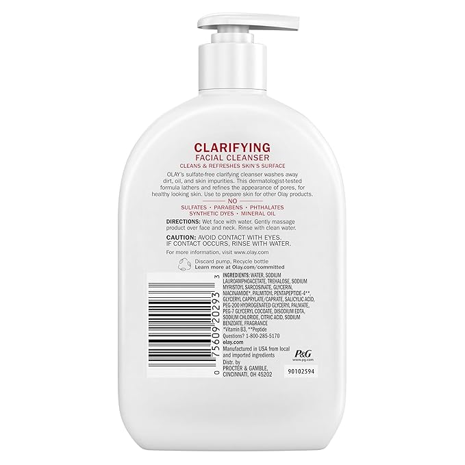 Olay Face Wash, Daily Facial Cleanser with Niacinamide, Peptides & Glycerin - Clarifying, Refreshes Skin Surface, Refines Appearance of Pores - Sulfate-Free, Paraben-Free, Oil-Free, 16 Oz