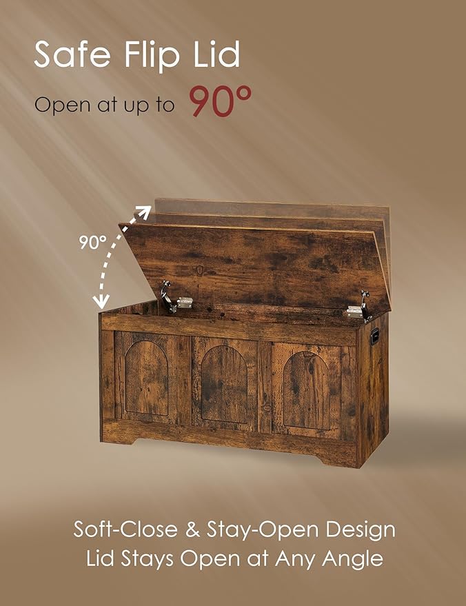 Storage Chest, Wooden Toy Box, Rustic Brown 39.4" L | Entryway Shoe Bench, 2 Soft-close Hinges, Finger-safe Flip-Top Lid, Easy Assembly, Farmhouse Large Trunk, Living Room/Bedroom