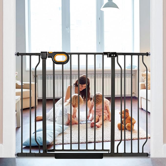 37.4" Tall Retractable Baby Gates, 29-46.5 Inch Wide Auto Close Cat Baby Gates for Stairs & Doorways, Easy Install Pressure Mounted Pet Dog Gate with Double Locking Safety Release, Black