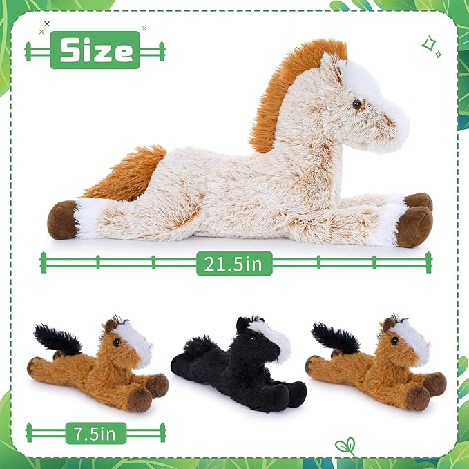 Tezituor 4Pcs Horse Stuffed Animal Set, 21inches Large Stuffed Mommy Horse with 4 Baby Pony Toys, Brown Stuffed Pony Plush Pillow for Boys Girls