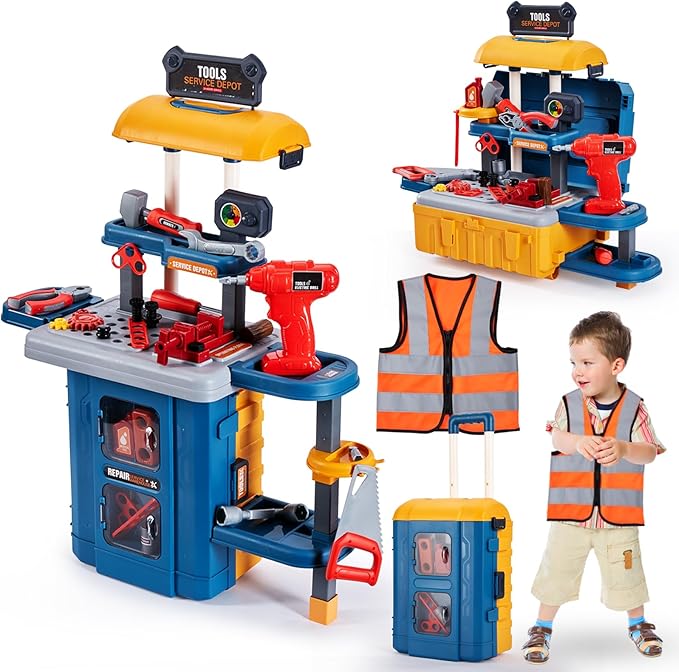 Kids Tool Bench with Kids Tool Set, Three Modes Toddler Tool Bench with Electric Drill Set, Pretend Construction Toys Kid Workbench, Toddler Workbench Tool Bench for Kid Ages 3-5 6-8