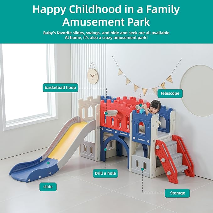 8 in 1 Toddler Slide, Castle-Themed Indoor Outdoor Playground for Toddlers Age 1+ with Extra-Long Slide, Basketball Hoop and Ball, Telescope, Tunnel, Storage Space, Baby Climber Playset, Colourful