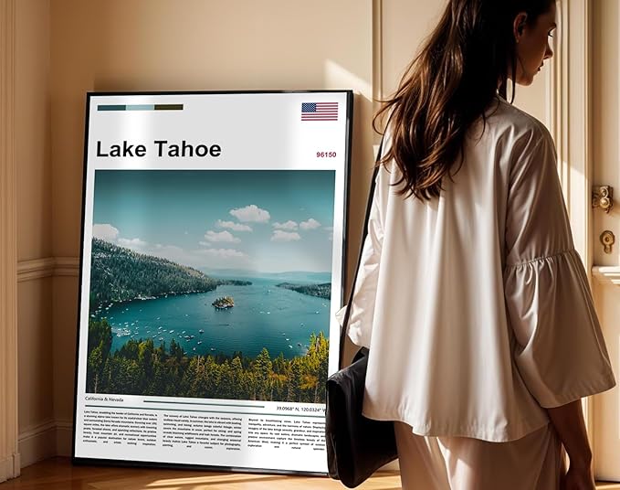 Poster Lake Tahoe Wall Art Original Design(17"x11" Golden Frame) Emerald Bay California Nevada Landscape Print Sierra Nevada Mountains Nature Scenery Alpine Lake View Travel Photography Picture