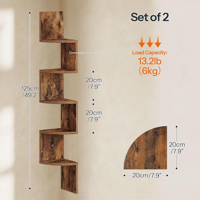 HOOBRO Corner Shelf Wall-Mounted, Set of 2 Floating Corner Shelves for Wall, 5-Tier Corner Bookshelves for Living Room, Bedroom, Bathroom, Home Office, Rustic Brown BF26BJP201