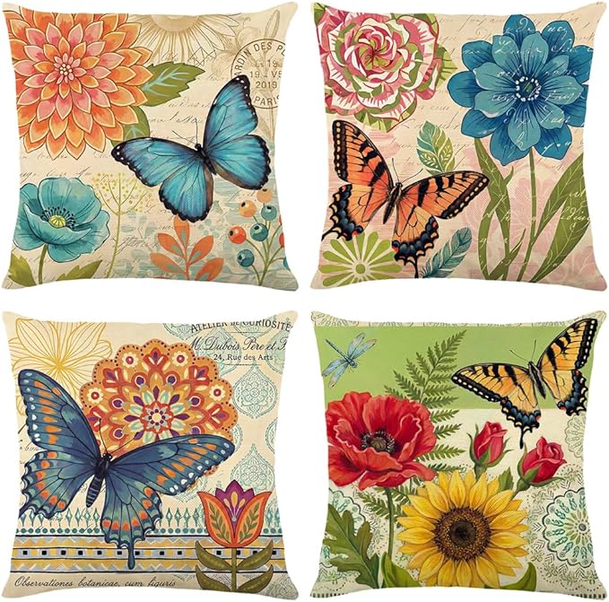 wyooxoo Spring Summer Pillow Covers 16x16 Set of 4 Farmhouse Throw Pillow Covers Linen Flower Butterfly Decorative Pillowcases for Sofa Couch Living Room Outdoor